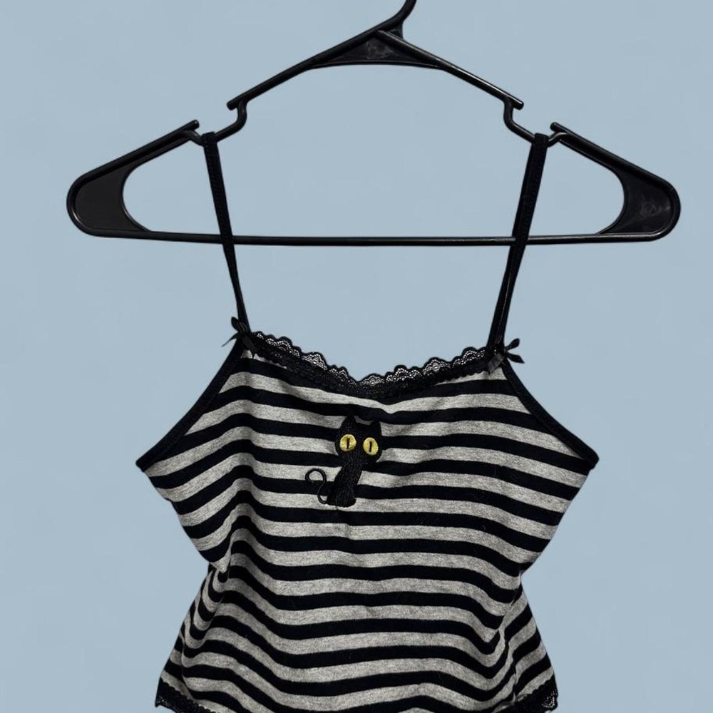 ROMWE Goth Emo Black Cat Striped Lace Trim Cami Tank Top XS